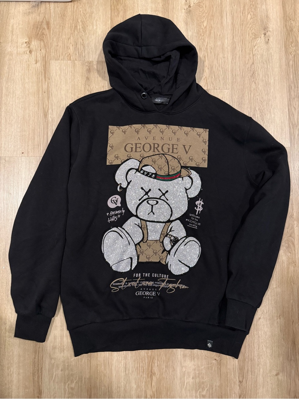 Avenue George V Black Hoodie with Rhinestone Bear